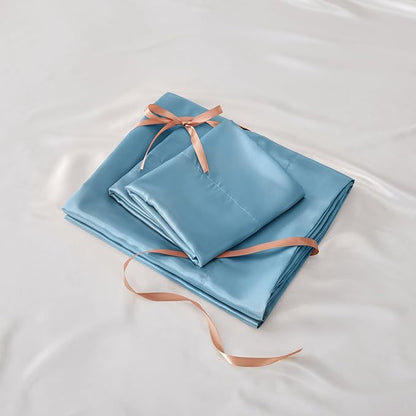 BEDELITE King Size Sheets Set, Luxury Soft Airy Blue Satin Sheets for Hair and Skin, Similar to Silk Bed Sheets Set 4 Pieces with 1 Deep Pocket Fitted Sheet, 1 Flat Sheet, and 2 Pillowcases