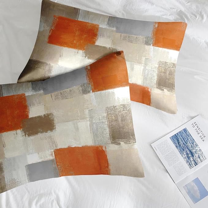 Comforter Set Queen Size, Beige Grey Abstract Painting 7 Pcs Bedding for Kids and Adults, Orange Gray Contemporary Bed Sheet Sets with Fitted Sheet 2 Pillowcase & 2 Sham for Bedroom Bed Decor