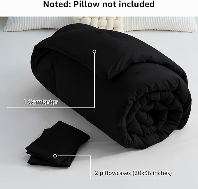 CozyLux Oversized King Comforter Set Black, 3 Pieces 120x98 Solid Breathable Quilted Bedding Sets for All Seasons, Luxury Soft Lightweight Bed Set with Down Alternative Comforter and 2 Pillowcases