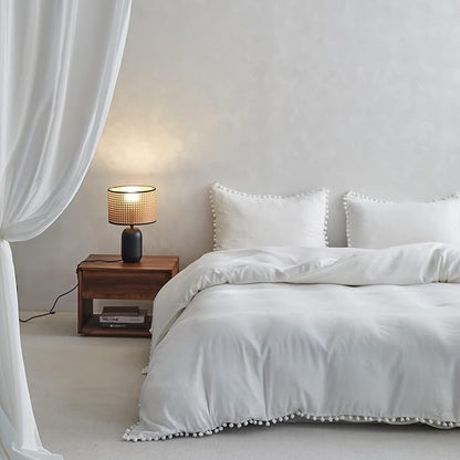 Simple&Opulence French Linen Blended Duvet Cover Queen, Flax Viscose Derived from Bamboo Bedding Set with Pom Pom Trim Soft Cooling for Hot Sleepers, 1 Boho Comforter Cover and 2 Pillow Shams, White