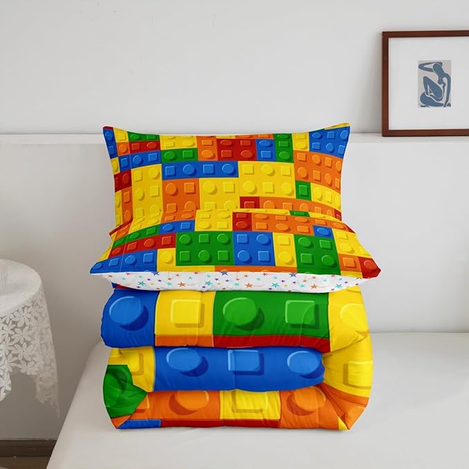 Feelyou Games Comforter Set King Building Blocks Bedding Set for Kids Boys Girls Colorful Geometric Toy Brick Comforter Gaming Nursery Quilt Duvet Set with 2 Pillowcase Boys