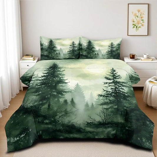 Olive Green Botanical Comforter Set King Size Green Woodland Forest Tree Comforters Ombre Nature Landscape Bedding Set Army Green Pine Trees Bedding Ultra Soft Microfiber