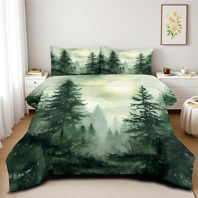 Olive Green Botanical Comforter Set Queen Size Green Woodland Forest Tree Comforters Ombre Nature Landscape Bedding Set Army Green Pine Trees Bedding Ultra Soft Microfiber