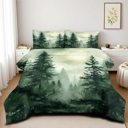 Olive Green Botanical Comforter Set Queen Size Green Woodland Forest Tree Comforters Ombre Nature Landscape Bedding Set Army Green Pine Trees Bedding Ultra Soft Microfiber