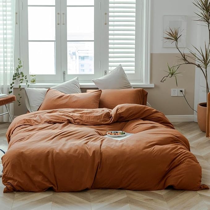 LifeTB Terracotta Burnt Orange Duvet Cover Queen Jersey Knit Duvet Cover Set 100% T-Shirt Cotton Comforter Cover Rust Color Caramel Bedding Set Boho Pumpkin Orange Comforter Cover with Zipper Closure
