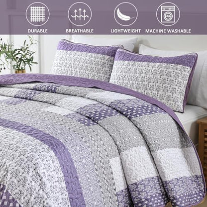 WONGS BEDDING Purple Queen Quilt Bedding Set, Bohemian Stripe Bedspread