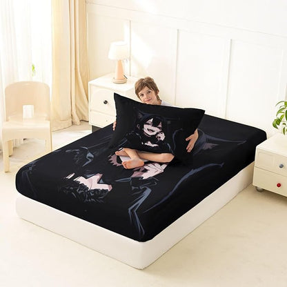 Erosebridal Anime Girl Twin Bed Sheets 3D Japanese Fitted Sheet,Gothic Style Cat Girls Kids Bedding Sets Cool Anime Gift Sheets with 1 Pillowcase