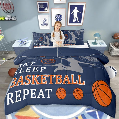Castle Fairy Basketball Bed Comforter Set Queen Size,Balls Sport Game Navy Blue Super Soft Microfiber Bedding Set for Adults Men,Basketball Court Decorative Comforter Set,3 Pcs