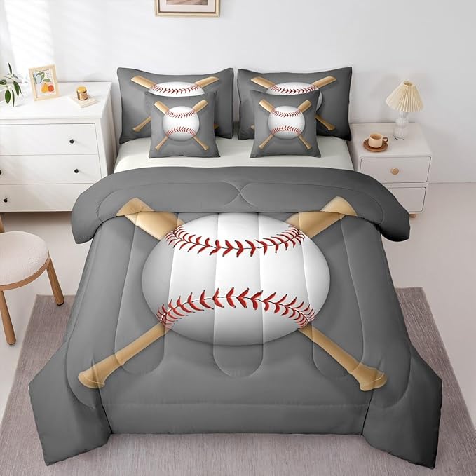 Erosebridal Baseball Bat Bed in a Bag Queen Comforter Set 7 Piece,Sports Ball Bedding Sets Ball Game Sheet Set with Comforter