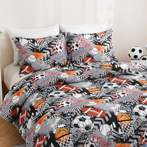 Yibeizi Grey Sports Comforter Set for Boys Full Baseball Bedding
