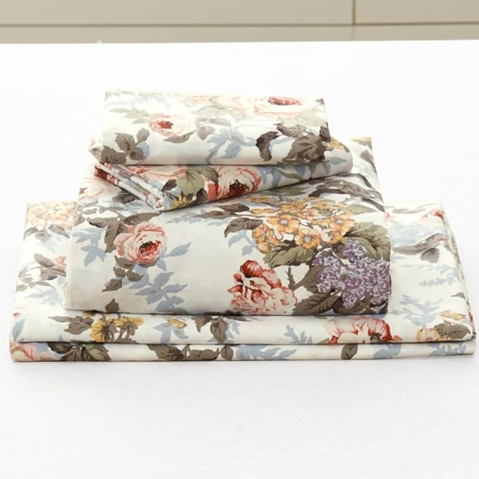 DAUAOTO 100% Cotton Sheets Set Twin Size Printed Bedding Sets, Up to 14" Deep Mattress, Classic Vintage Flower Pattern Bedlinen Set, Rose Floral