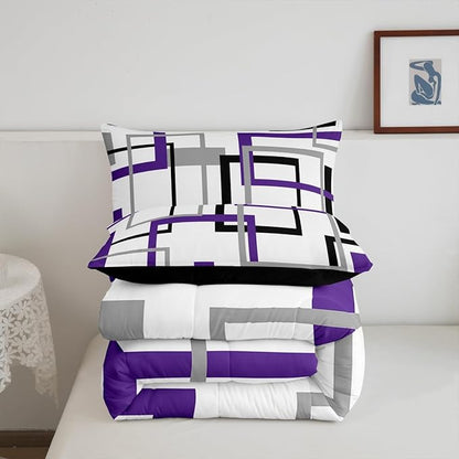 Erosebridal Purple Grey Black Square Bedding Set for Kids Boys Girls,Geometric Comforter Set Twin,Abstract Grid Pattern Down Comforter,Modern Abstract Art Quilted Duvet with 1 Pillowcase