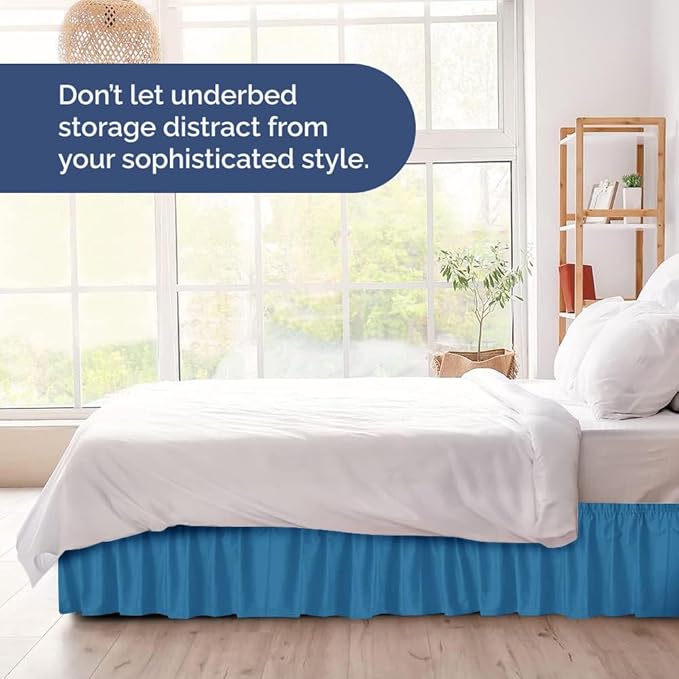 Wrap Around Dust Ruffle Bed Skirt - Denim Blue - for Queen Size Beds with 24 Inch Drop - Elastic Strap - Adjustable Pleated Bedskirt with Brushed Fabric and Wrinkle Free - For Women, Men, Kids & Teens