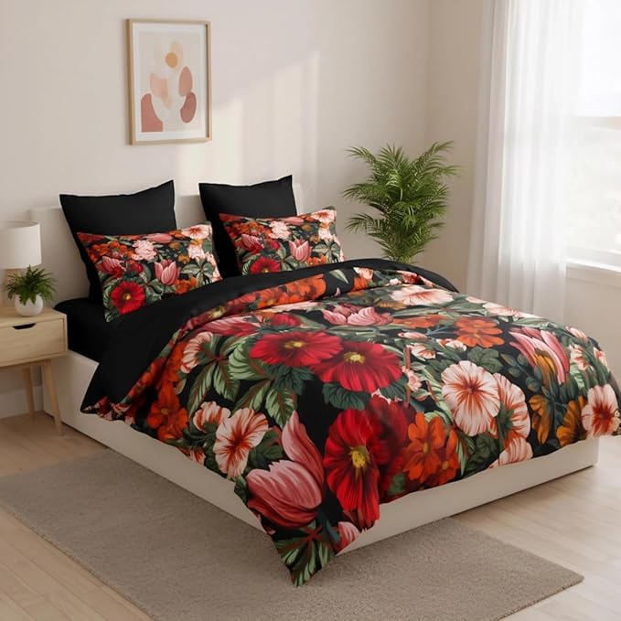 Black Floral Comforter Set King Size, 3 Pcs Vintage Floral Bedding Set for Women, American Retro Microfiber Lightweight Comforter with 2 Pillowcases/104 x90, Black Red