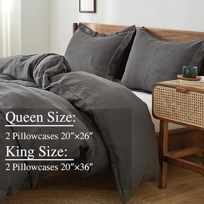 Simple&Opulence 100% Linen Pillow Case Queen Size Set of 2, Dark Grey Pillow Covers with Overlap Closure, Luxury Breathable Pillowcases Protectors Suitable for All-Season (20" X 26", Dark Grey)