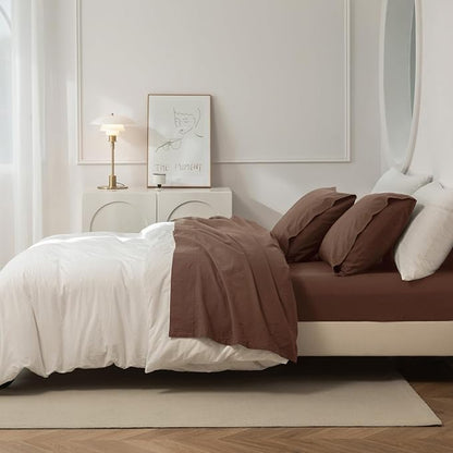 JIYUAN Twin Size Sheet Set, 3-Piece - 100% Washed Cotton, Linen-Like Soft & Breathable, Includes Deep Pocket Fitted & Flat Sheet with 1 Pillowcases, Hotel Quality, Solid Chocolate Brown
