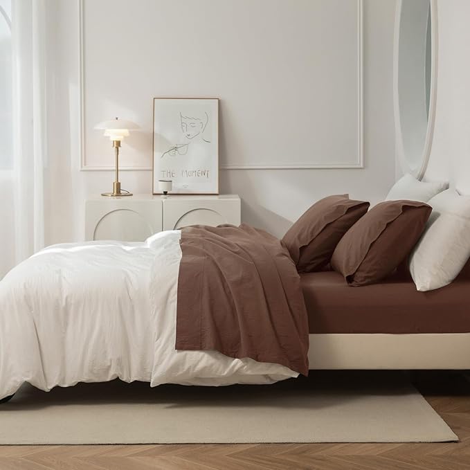 JIYUAN Full Size Sheet Set, 4-Piece - 100% Washed Cotton, Linen-Like Soft & Breathable, Includes Deep Pocket Fitted & Flat Sheet with 2 Pillowcases, Hotel Quality, Solid Chocolate Brown