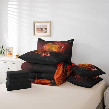 Erosebridal Gothic Dragon Dream Catchers Bed in a Bag Queen Comforter Set 7 Piece,Orange Galaxy Bohemian Feather Bedding Sets Antique Animal Pterosaur Sheet Set with Comforter