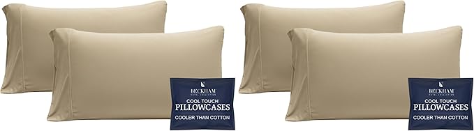 Beckham Hotel Collection Cooling Pillowcases for Hot Sleepers, King Size Cool Touch Pillow Cases, Buttery Soft, Hair & Skin Friendly, Sand (4 Pieces)