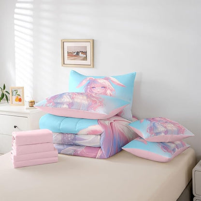 Erosebridal 3D Anime Girl Bedding Set,Japanese Girl Bed in A Bag Cartoon Anime Queen Comforter Set 7 Piece for Kids Teen Women Room Decor,Pink Kawaii Rabbit Doll Blue Bed Set