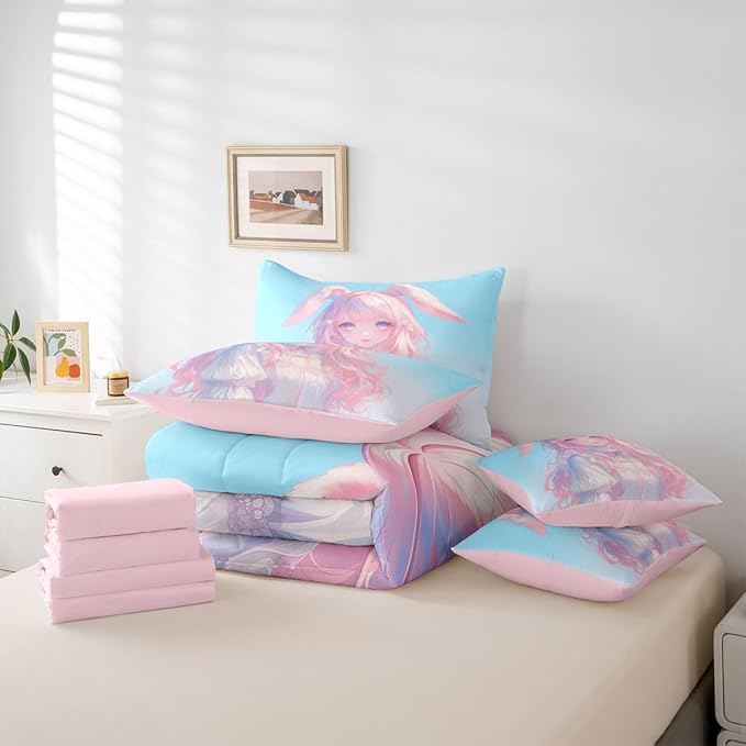 Erosebridal 3D Anime Girl Bedding Set,Japanese Girl Bed in A Bag Cartoon Anime King Comforter Set 7 Piece for Kids Teen Women Room Decor,Pink Kawaii Rabbit Doll Blue Bed Set