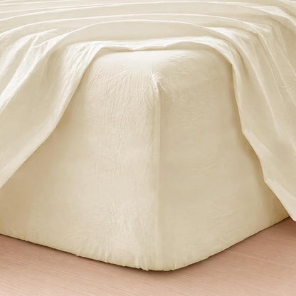 MooMee Fitted Bottom Sheet Only 100% Washed Cotton Linen Like Textured Breathable Durable Soft Comfy Deep Pocket Fits Mattress up to 17" (Cream White, California King)