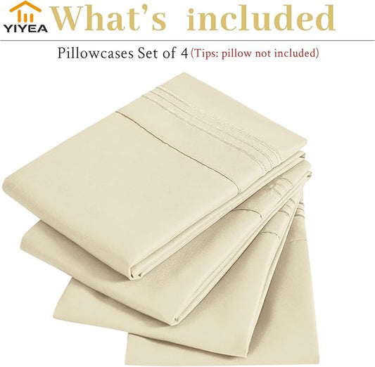 YIYEA King Pillow Cases Set of 4, Ultra Soft 1800TC Hotel Quality Double Brushed Microfiber Embroidered Pillowcases, Envelope Closure, Fade Resistant (20"x36", Cream)