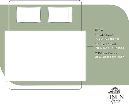 Linen Home 100% Cotton Percale Sheets King Size, 4-Piece Set - Crisp, Soft, Cool & Breathable, Deep Pocket Fits 16" Mattress, Long-Staple Combed Cotton, Hotel Style, Oil Green