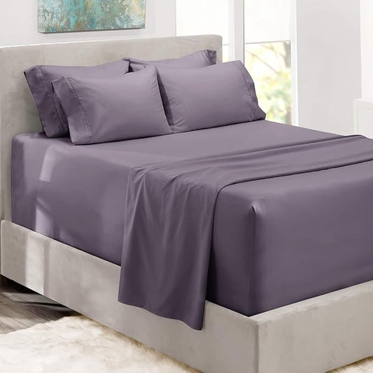 Hearth & Harbor Bed Sheets, Luxury Soft 6 Piece Bed Sheet Set Extra Deep Pocket Fitted Sheets Fits Mattress up to 21", Double Brushed Bedding Sheets & Pillowcases, Twin, Purplish Gray