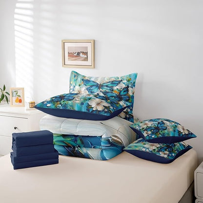 Erosebridal Girls Teal Blue Butterfly Bedding Set Twin 7 Piece White Flowers Oil Painting Boho Comforter Set Retro Floral Butterfly Bed in A Bag,Aesthetics Bohemian Sheet Set with Comforter