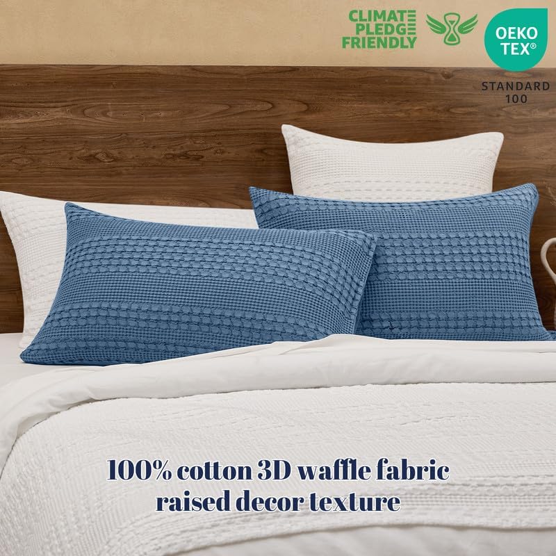 PHF Cotton Waffle Pillow Shams Queen Size 20" x 30", Denim Blue, No Insert