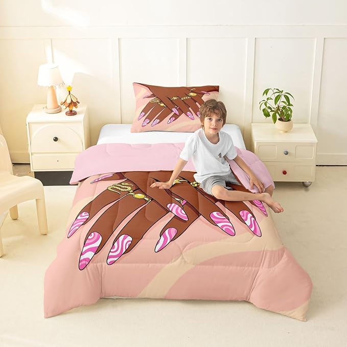 Erosebridal Romantic Makeup Themed Comforter Set Twin Size for Girls Fashion Girlish Quilt Black Girls Bedding Set for Kids Teens Adult Women Bedroom Afro Vogue Princess Magical Down Comforter