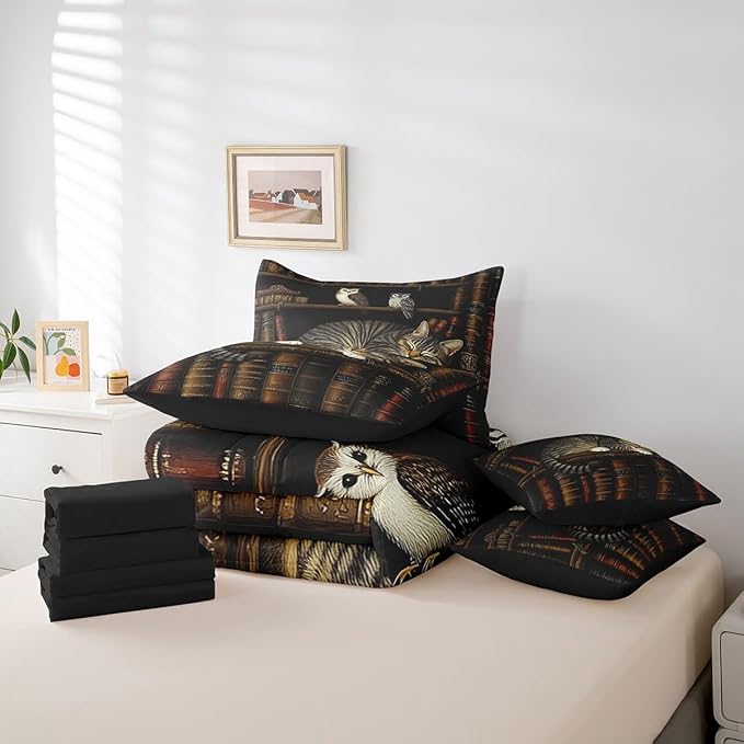 Feelyou Vintage Library Comforter Set 7 Pieces Twin Size Book Cat Bedding Set for Boys Girls Cute Bookshelf Bed in a Bag with Comforter, Sheets, Pillowcases & Cushion Covers