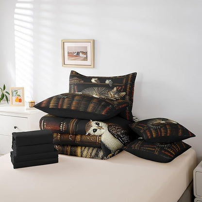 Feelyou Vintage Library Comforter Set 7 Pieces Twin Size Book Cat Bedding Set for Boys Girls Cute Bookshelf Bed in a Bag with Comforter, Sheets, Pillowcases & Cushion Covers