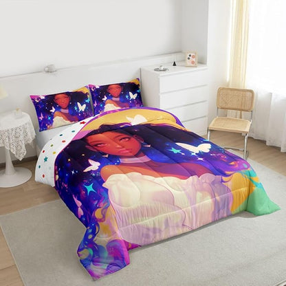Erosebridal Black Princess Bedding Sets American Afro-Girl Comforter Set Moon Galaxy Girl Butterfly Decorations Bedding Queen