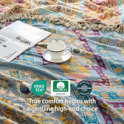 VANJOROY Boho Throw Blanket, 100% Organic Cotton Breathable Skin-Friendly Ultra Soft 60" x 80" Bed Quilt Throw - Floral Rustic Luxury Reversible Blanket for Sofa Couch Chair and Gift,