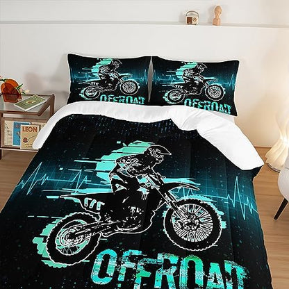 HOSIMA Extreme Sport Theme Comforter Motorcycle King Size Bed in a Bag for Boys Kids Teens,Dirt Bike Tournment Kids Game Room Decor,Motocross Rider Black Comforter with 2 Pillowcases.