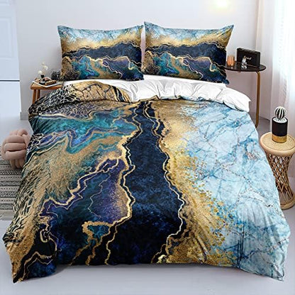 Royal Blue Marble Duvet Cover Set King Size Sequin Gold Bedding Comforter Covers with 2 Pillow Shams Breathable Durable Soft Comfy