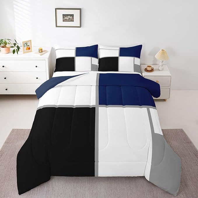 Erosebridal Geometric Comforter Set Queen Size for Adults Teens,Black and White Abstract Bedding,Navy Blue Striped Grid Quilt for Minimalist,Modern Art Patchwork Bedding Comforter Sets