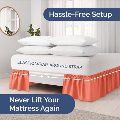 Wrap Around Dust Ruffle Bed Skirt - Coral - for Full Size Beds with 12 Inch Drop - Easy Fit Elastic Strap - Adjustable Pleated Bedskirt w/Brushed Fabric - Wrinkle Free - for Women, Men, Kids & Teens
