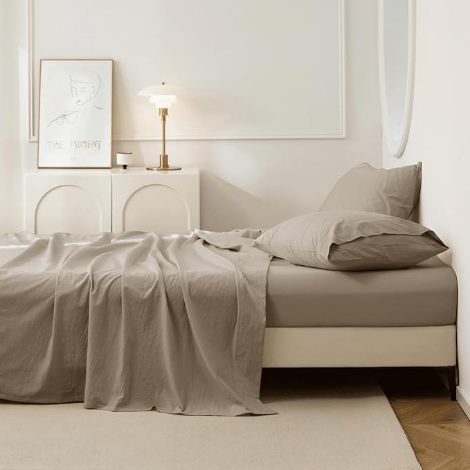 JIYUAN Queen Size Sheet Set, 4-Piece - 100% Washed Cotton, Linen-Like Soft & Breathable, Includes Deep Pocket Fitted & Flat Sheet with 2 Pillowcases, Hotel Quality, Solid Khaki