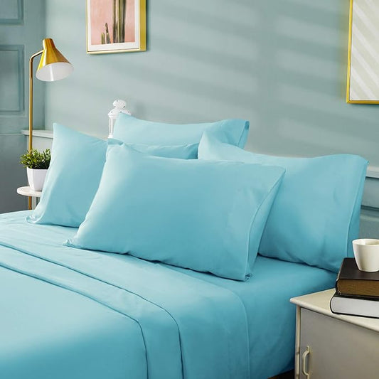 BYSURE 6 Pieces Bed Sheets Set(King, Aqua Blue) - Hotel Luxury Super Soft 1800 Thread Count 100% Microfiber Sheets with Deep Pockets, Wrinkle & Fade Resistant