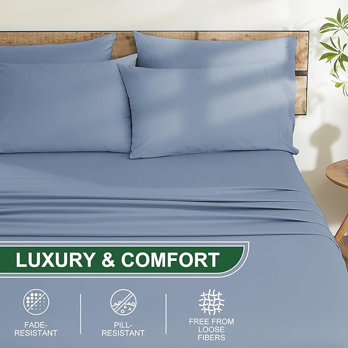 Ivellow 100% Egyptian Cotton Sheets King Size Set - 1200 Thread Count 6 PC 18" Deep Pocket King Size Bed Sheet Set，Durable Hotel Quality Luxury Soft Breathable Dusty Blue Cooling Sheet Sets Bedding