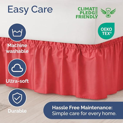 Wrap Around Dust Ruffle Bed Skirt - Red - for Full Size Beds with 24 Inch Drop - Easy Fit Elastic Strap - Adjustable Pleated Bedskirt w/Brushed Fabric - Wrinkle Free - for Women, Men, Kids & Teens