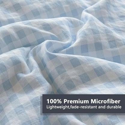 NSNLGSGC Light Blue Ruffle Gingham Comforter Set Queen, Pre-Washed Ruffled Plaid Checked Comforter Bedding, 3 Pieces Vintage Farmhouse Grid Bedding Set(Blue Gingham, Queen)