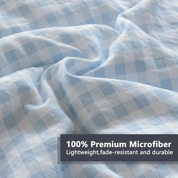 NSNLGSGC Light Blue Ruffle Gingham Comforter Set King, Pre-Washed Ruffled Plaid Checked Comforter Bedding, 3 Pieces Vintage Farmhouse Grid Bedding Set(Blue Gingham, King)