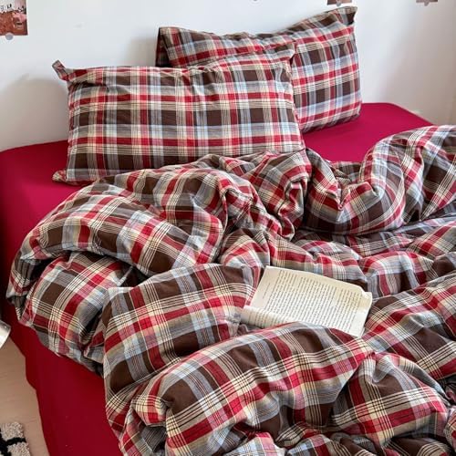 mixinni Vintage Red & Brown Buffalo Plaid Duvet Cover Set Twin XL Size - 3 Piece Washed Cotton Bedding Set with Classic Checkered Pattern, Cozy Farmhouse Duvet Cover with Pillowcases for All Seasons
