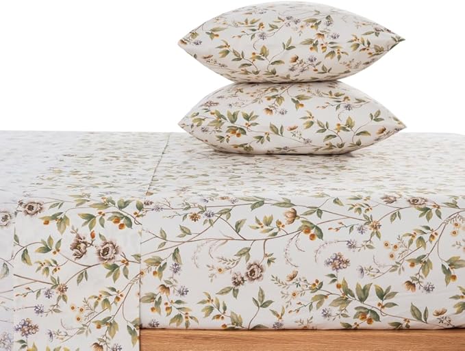 DAUAOTO 100% Cotton Bedding Printed Sheets Set for Full Size Bed Up to 14" Deep Mattress, Farmhouse Pattern Bedlinen Sets, Botanic Green