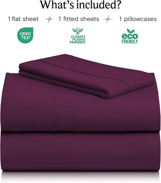 LuxClub 3 PC Sheet Set Sheets Deep Pockets 18" Eco Friendly Wrinkle Free Sheets Machine Washable Hotel Bedding Silky Soft - Eggplant Twin