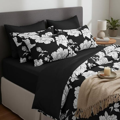 Black Floral King Size Comforter Set, 3 Pieces Vintage Farmhouse Botanical Bedding Set for Adult Women, Soft Fluffy Microfiber Quilted Comforter with 2 Pillowcases(104"x90")
